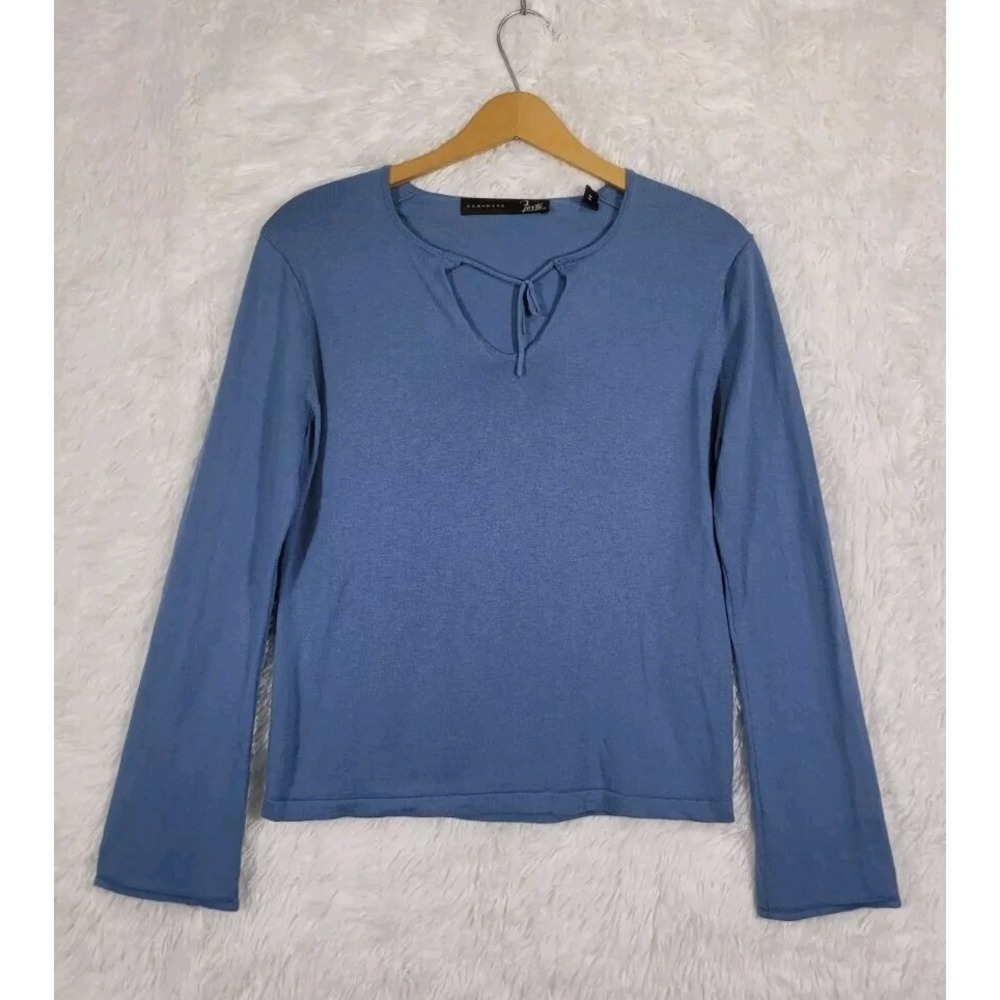 Forte Cashmere Light Blue Keyhole Tie Neck Long Sleeve Top Size Med Quiet Luxury